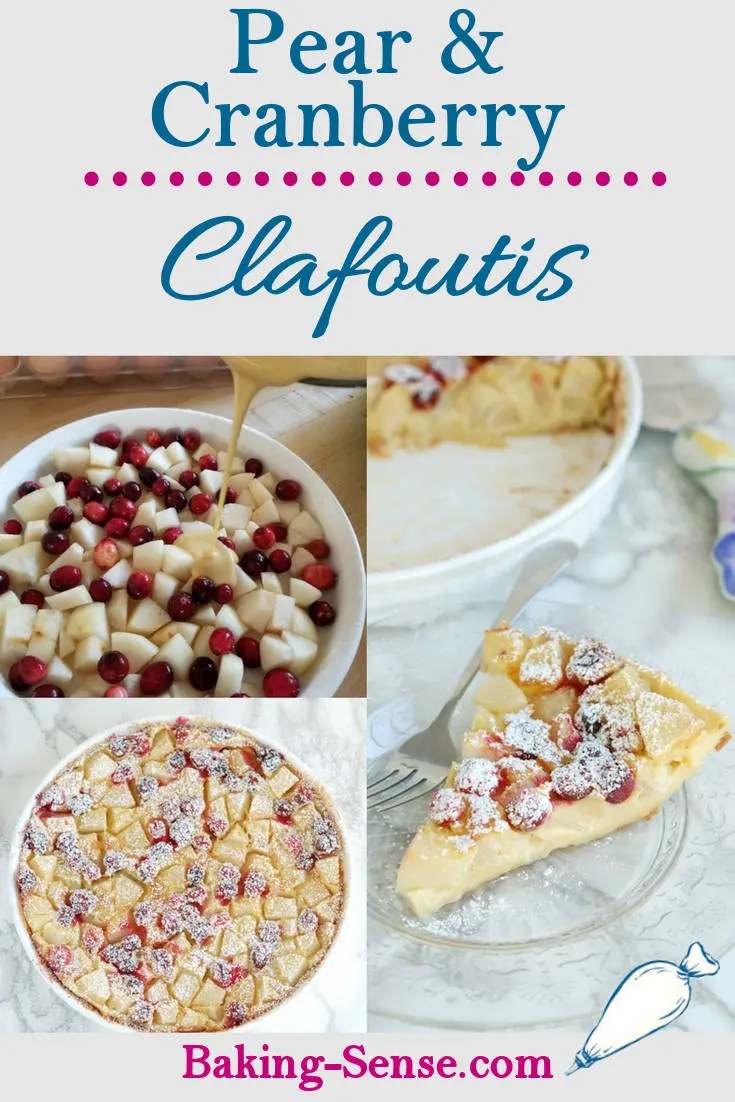 Pear & Cranberry Clafoutis is easy to make and even easier to eat! Fresh fruit is baked is a light, custardy filling that is super easy and super fast to mix. #easy #thanksgiving #christmas #fall #autumn #best