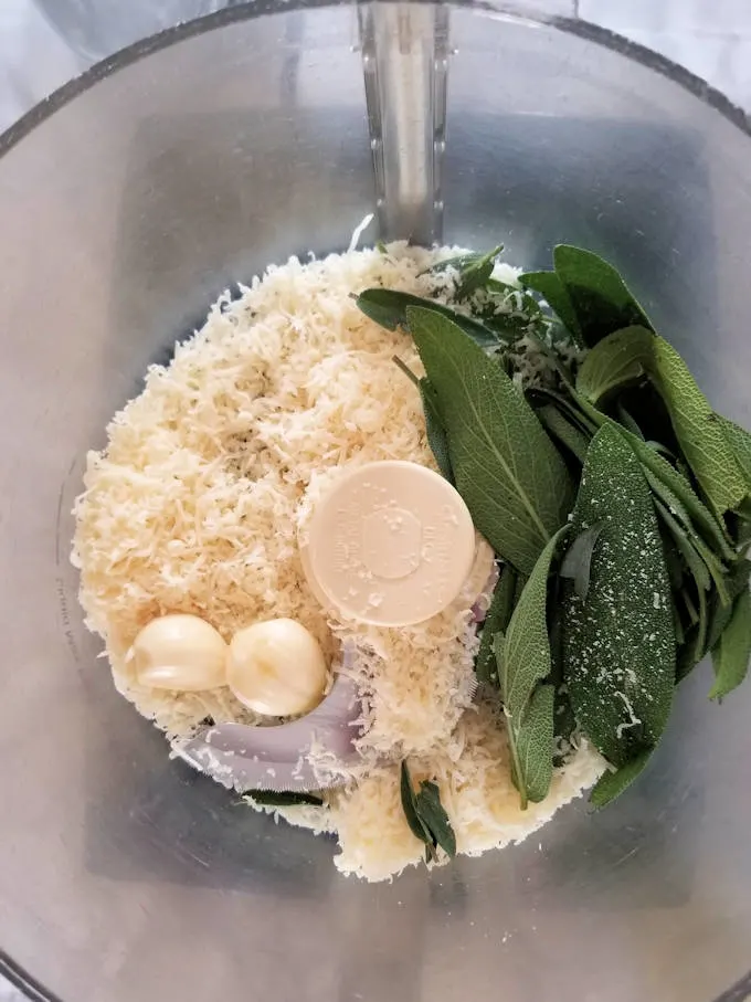 cheese, garlic and sage in a food processor.