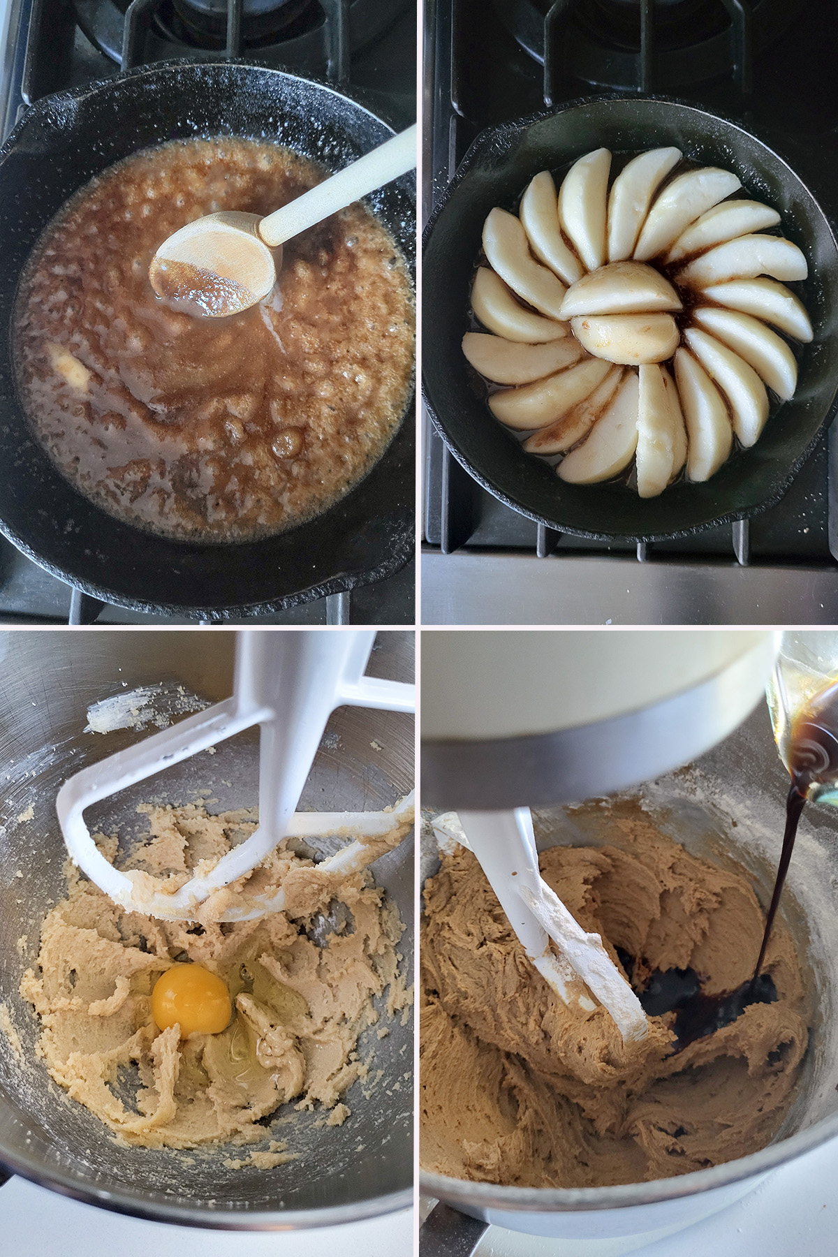 a pan with caramel and pears. A bowl with gingerbread batter.