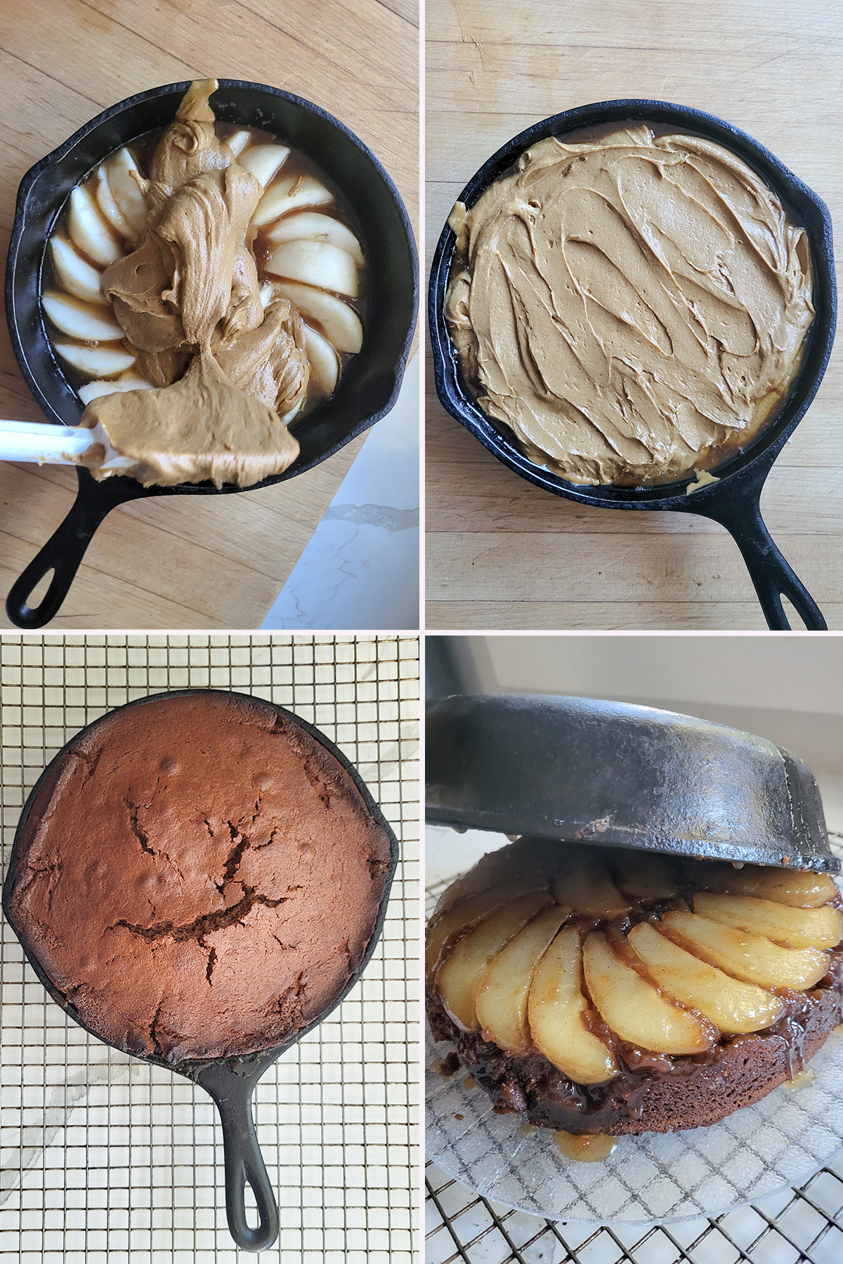 photo collage showing an upside down bake baked and flipped on a cooling rack.