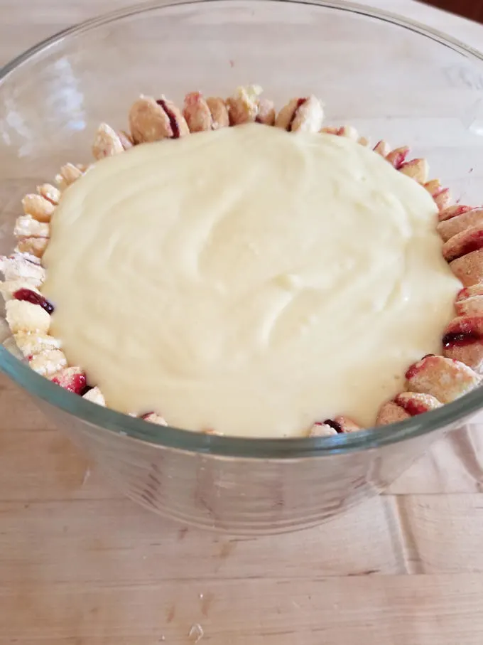 showing how to layer custard and ladyfingers for sherry trifle