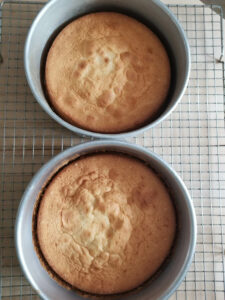 Two white cakes in the pans on a cooling rack showing that the cake settles as it cools.