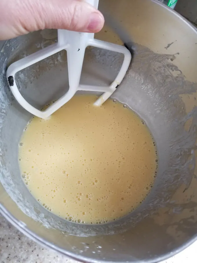 emulsified eggs and oil for making chocolate cake batter.