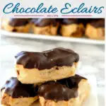 a pinterest image for chocolate eclairs with text overlay