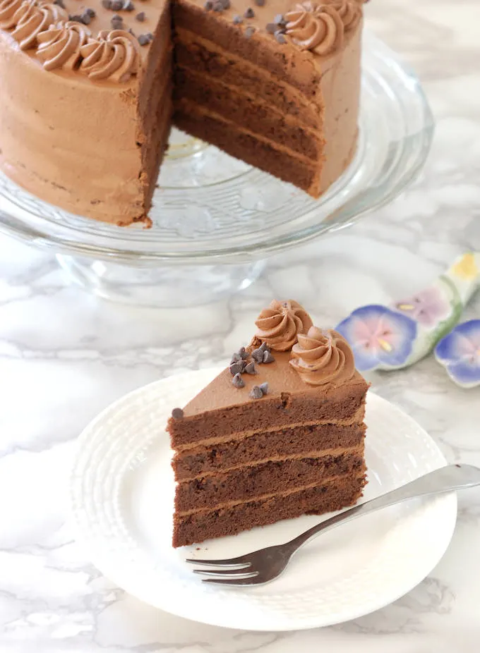 a chocolate genoise layer cake filled with chocolate cream
