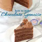 a pinterest image for chocolate genoise cake with text overlay
