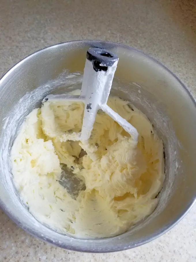 whipped butter and sugar in a mixer bowl