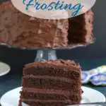 a chocolate layer cake image with text overlay for pinterest