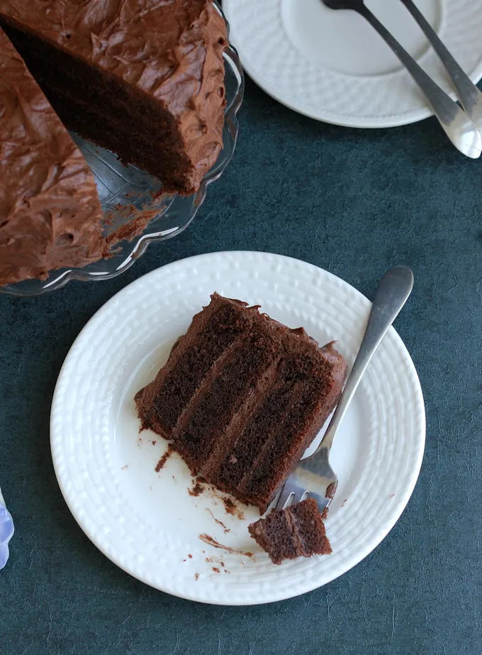 a slice of chocolate cake on a plate with a fork