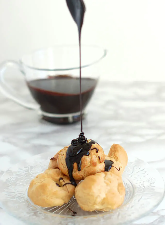 profiteroles with port wine hot fudge sauce