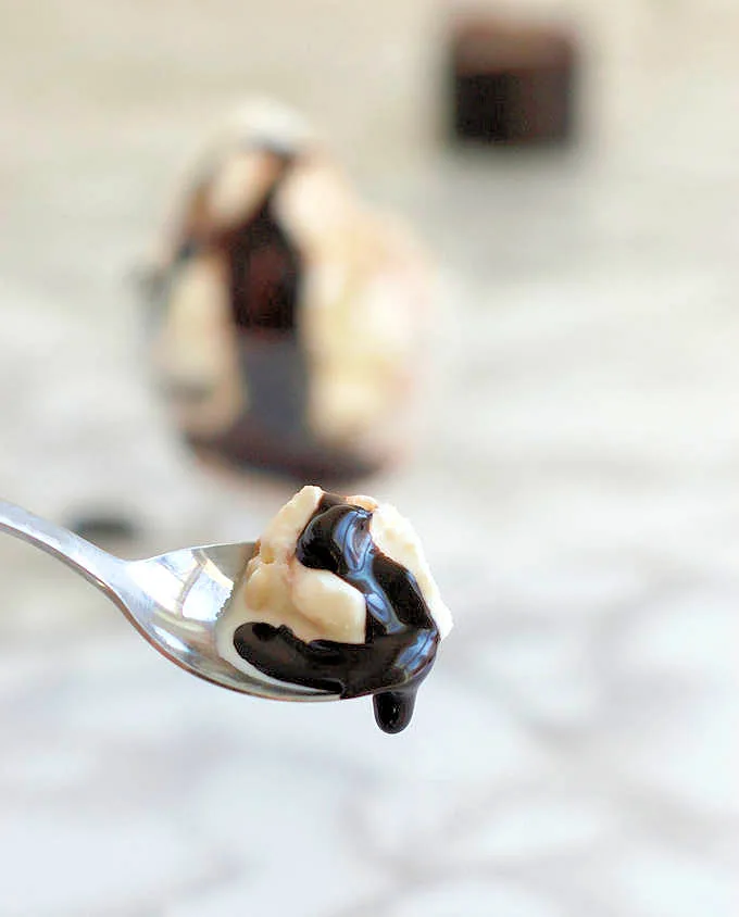 a spoonful of vanilla ice cream with port wine hot fudge sauce