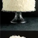 a pinterest image for white coconut layer cake with test overlay