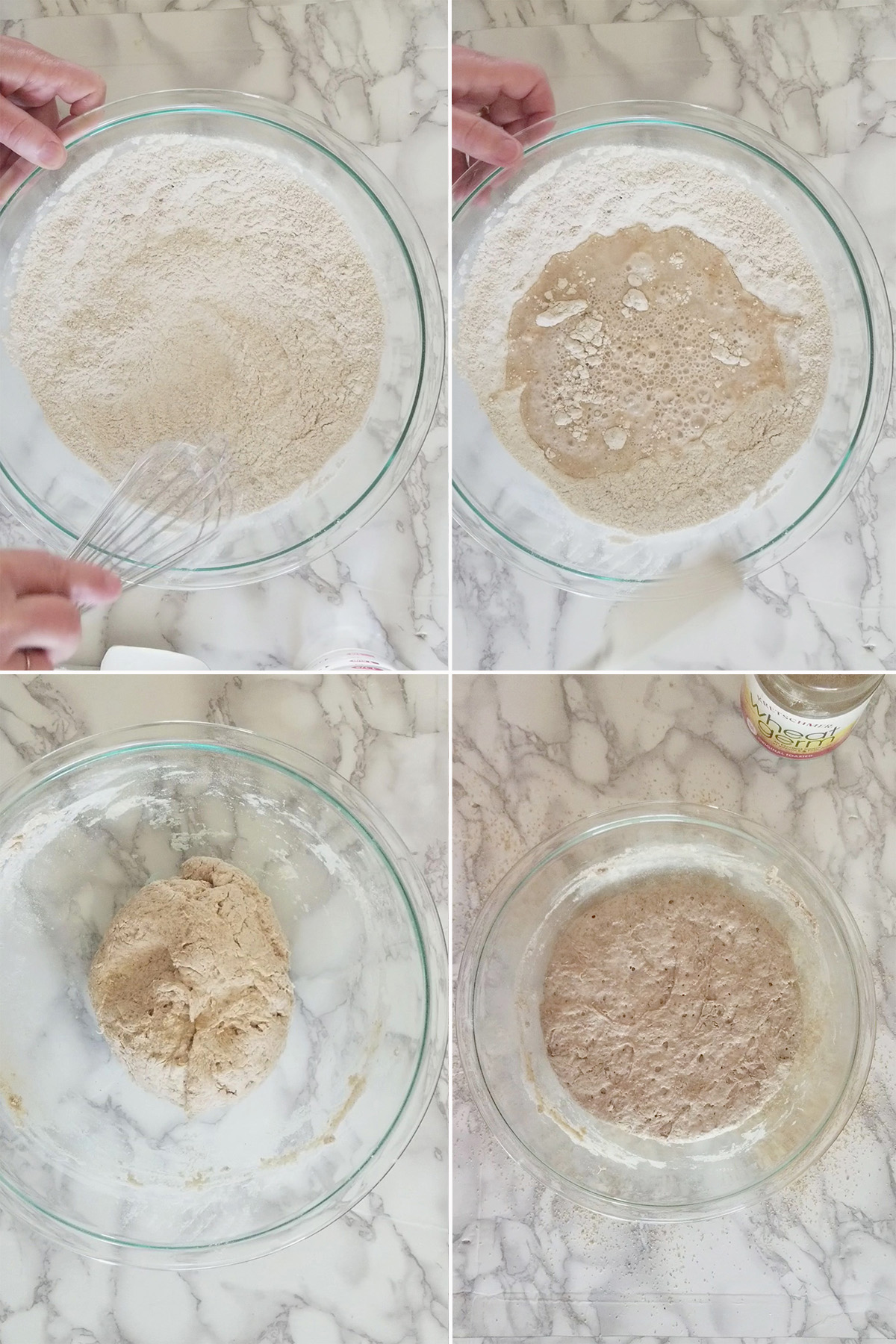 flour in a bowl. water added. dough mixed. dough risen.