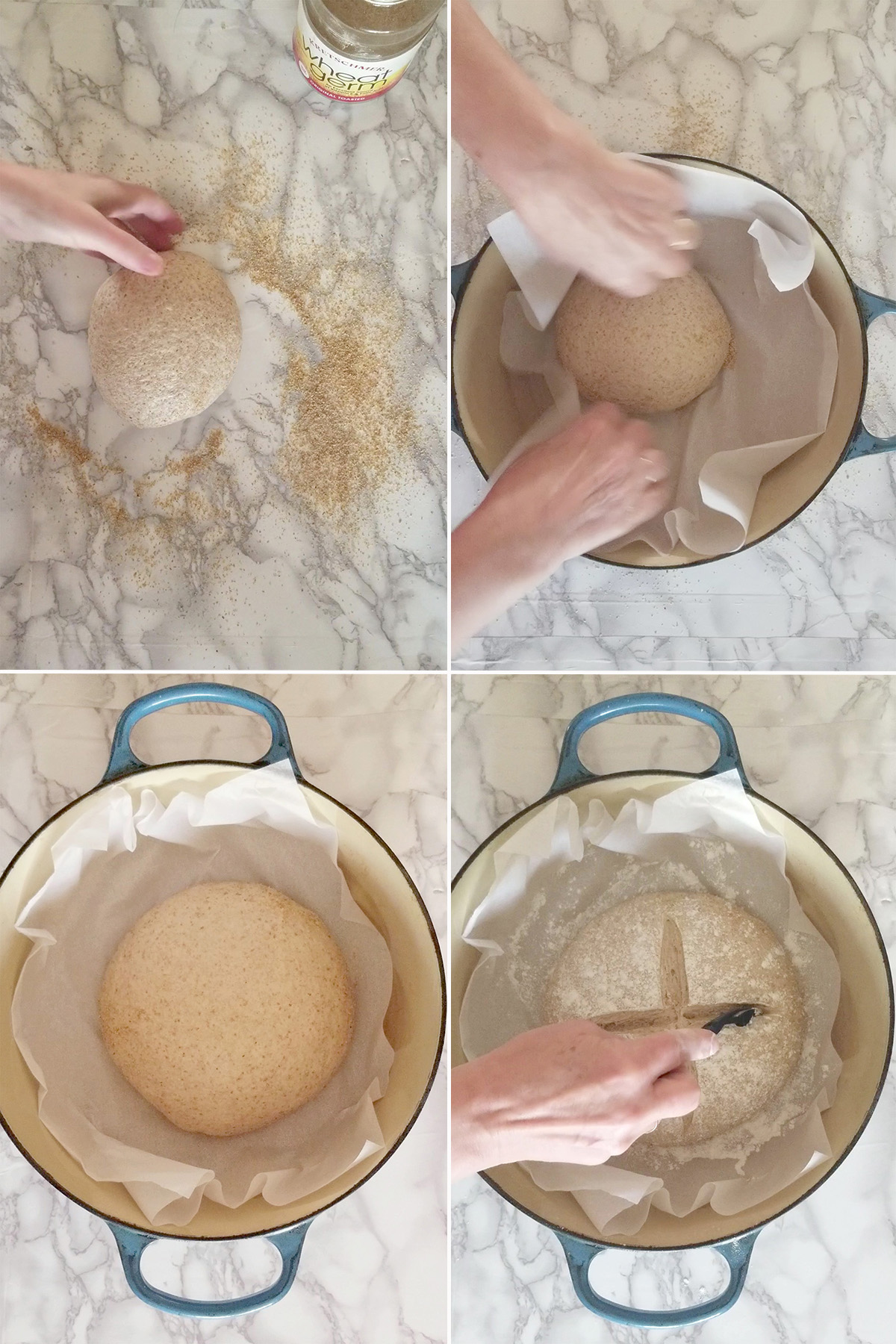 low knead dough in a work surface and in a dutch oven before and after rise.