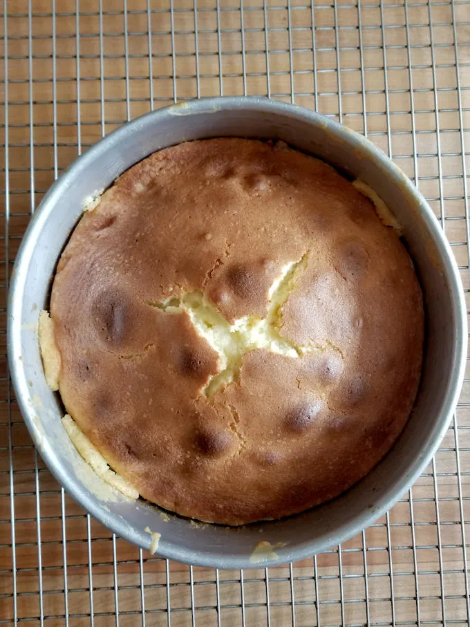 a cake cooling in a pan on a wire rack 