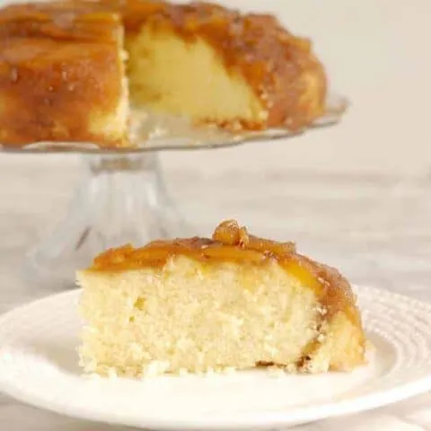 a slice of mango upside down cake