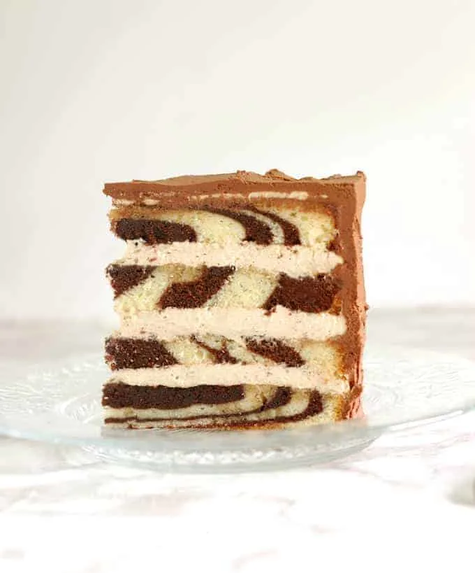 a slice of marble cake on a plate
