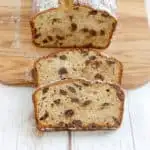 a sliced loaf of chocolate chunk banana bread