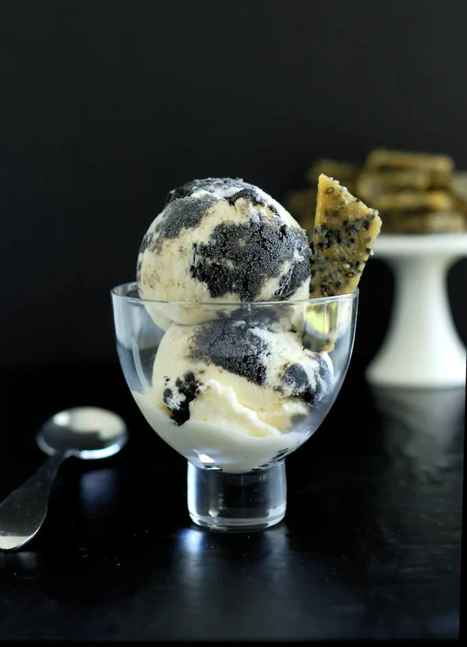 a bowl of rippled black sesame ice cream