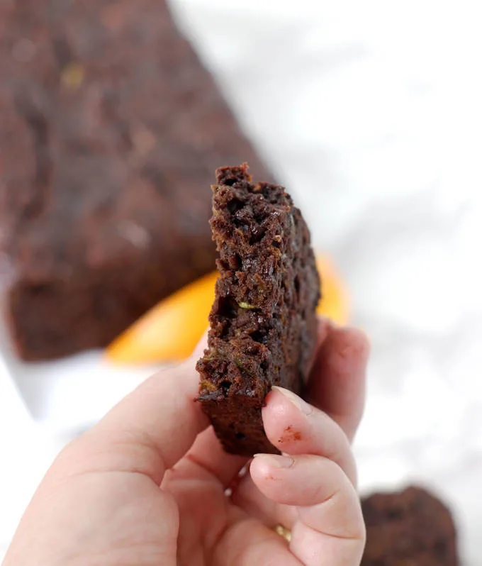 a hand holding a piece of chocolate orange zucchini bread