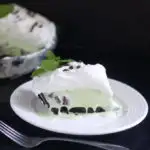 a slice of mint chocolate chip ice cream pie on a white plate
