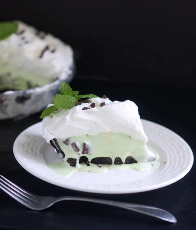 a slice of mint chocolate chip ice cream pie