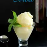 a pinterest image of a glass of pineapple sorbet with a mint sprig