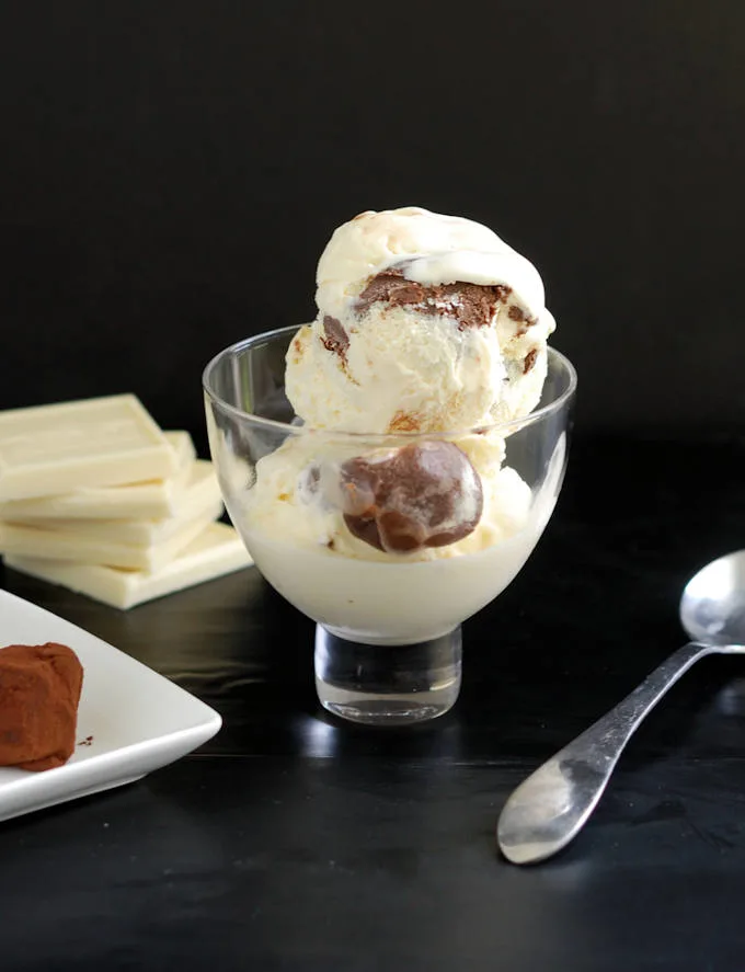 white chocolate ice cream with chocolate truffles