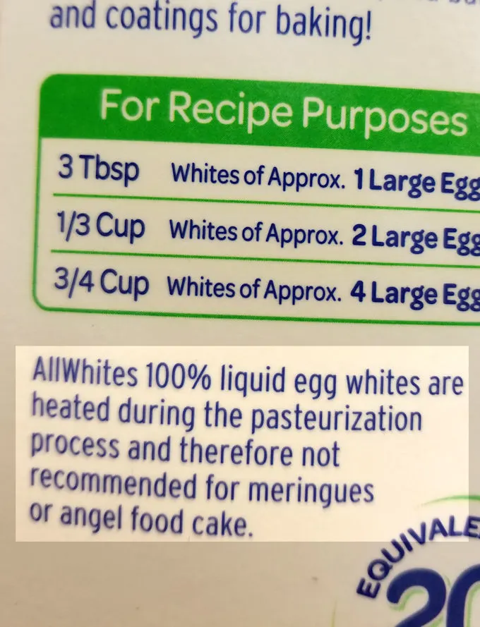 The label from a box of pasteurized egg whites warns not to use for meringues.