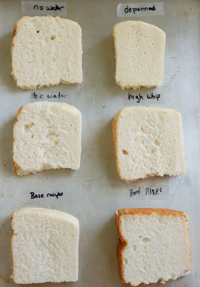 A tray of 6 slices of angel food cake labeled for different mixing techniques and ingredients. 