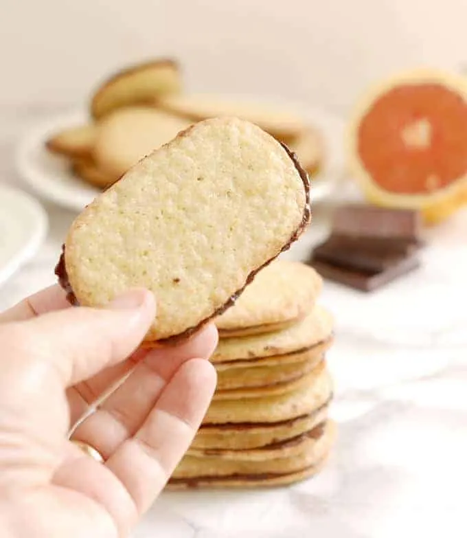 a hand holding a Chocolate Orange Thin cookie