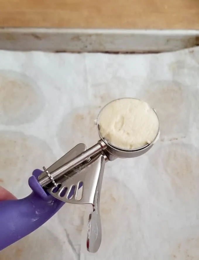a small scooper filled with lemon cookie batter