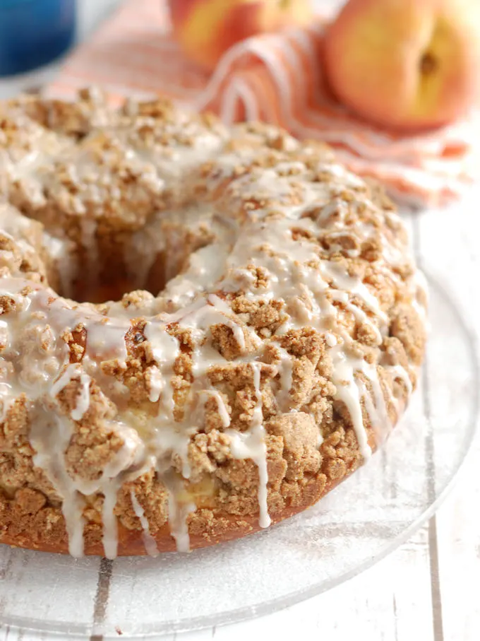 closeup of peach & pecan streusel coffee cake