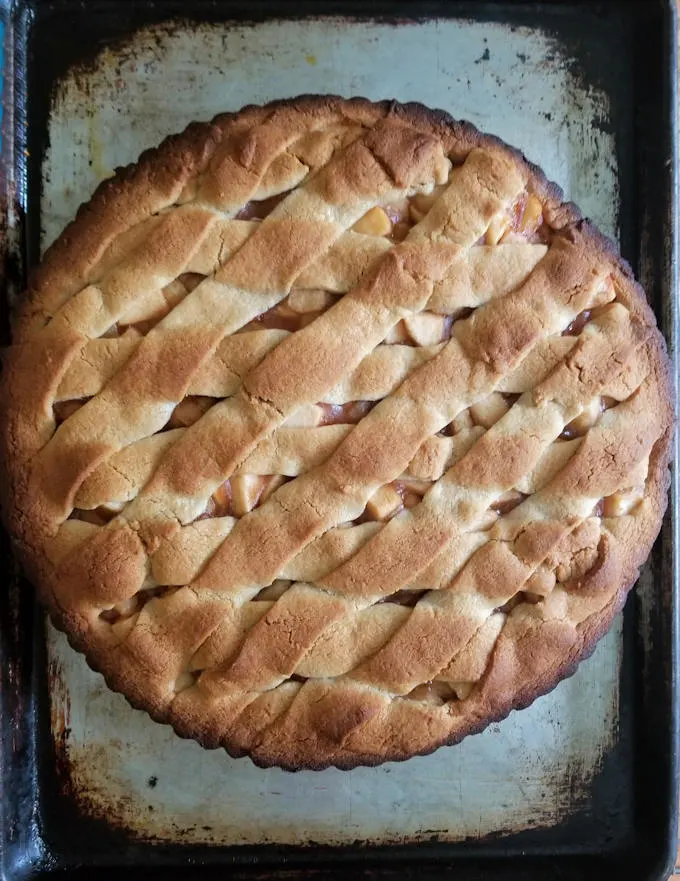apple walnut linzer tart fresh from the oven