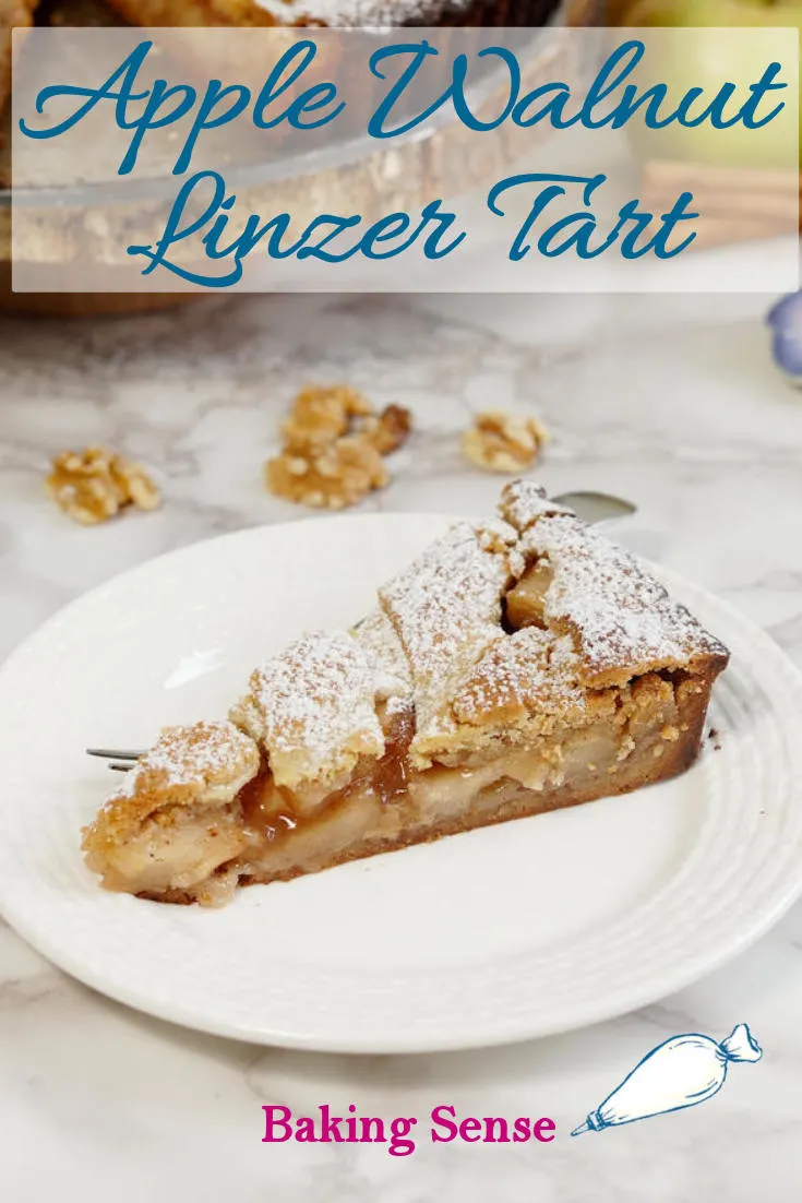 Apple Walnut Linzer Tart is a twist on the traditional raspberry-hazelnut tart. The crust is made with walnuts and the filling is made with fresh apples and cinnamon. #linzertart #apple #best #scratch #homemade #walnuts #autumn #thanksgiving #christmas #falldessert