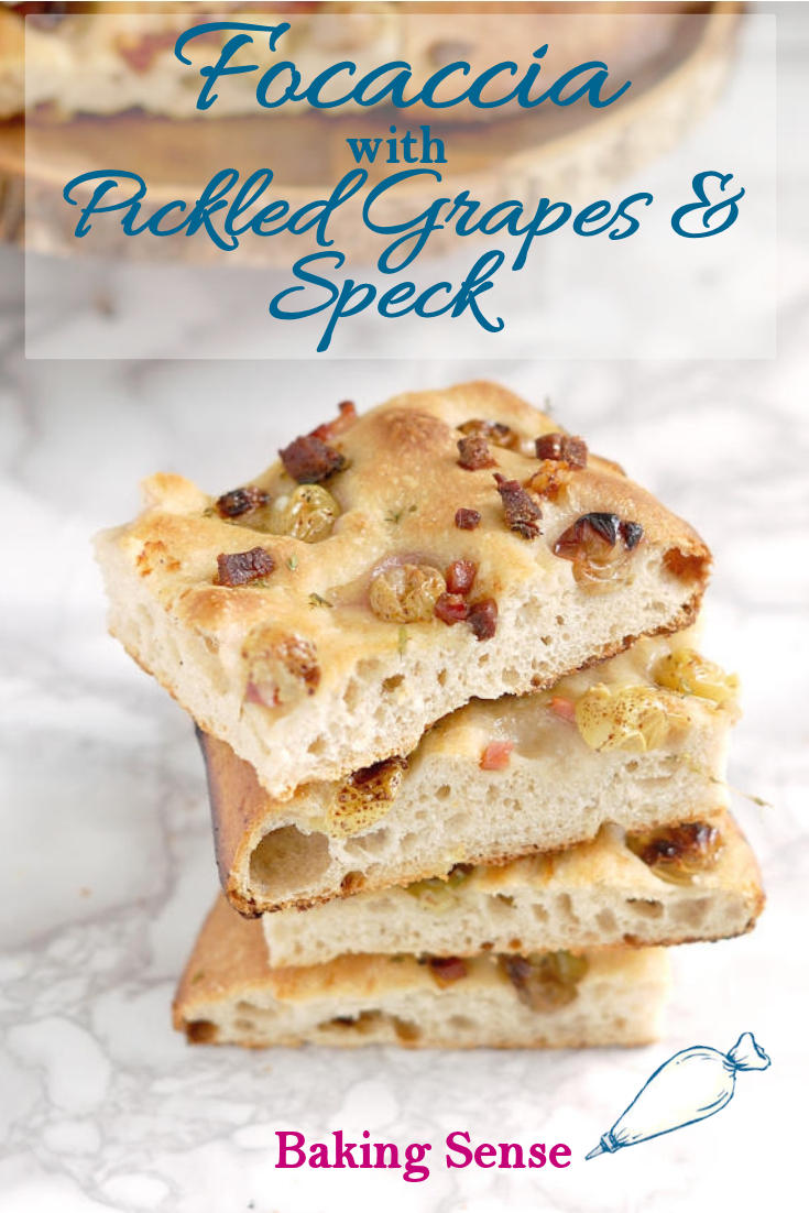 Sourdough Focaccia with pickled grapes, speck and thyme is a deliciously crusty and chewy flatbread with a light crumb and big bursts of flavor from the bold toppings. #bread #focaccia #sourdough #overnight #best #crusty #chewy