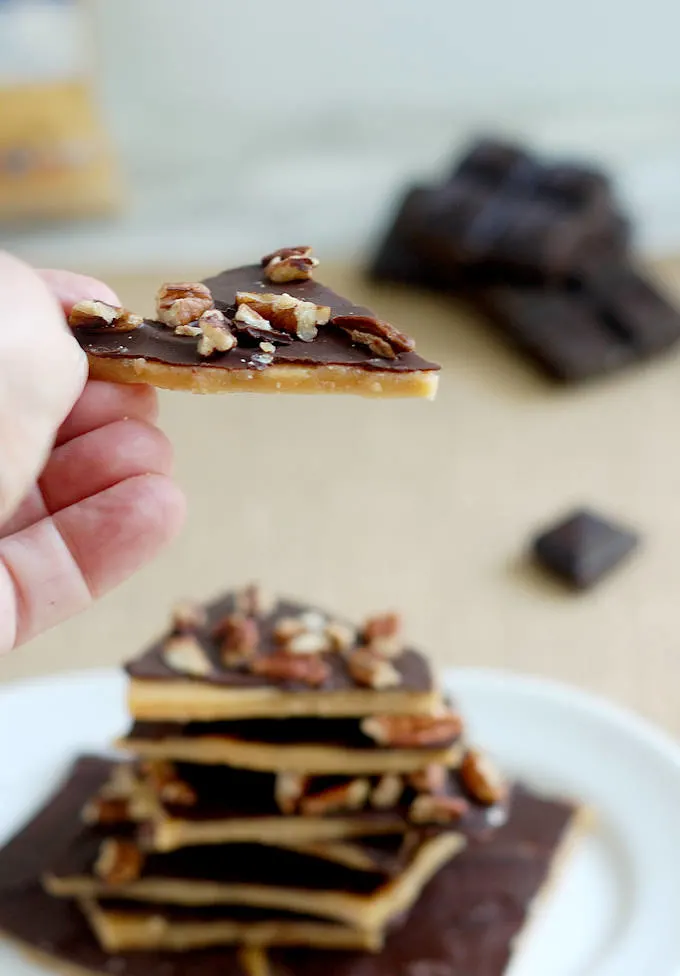 Chocolate covered brown sugar toffee with chopped pecans