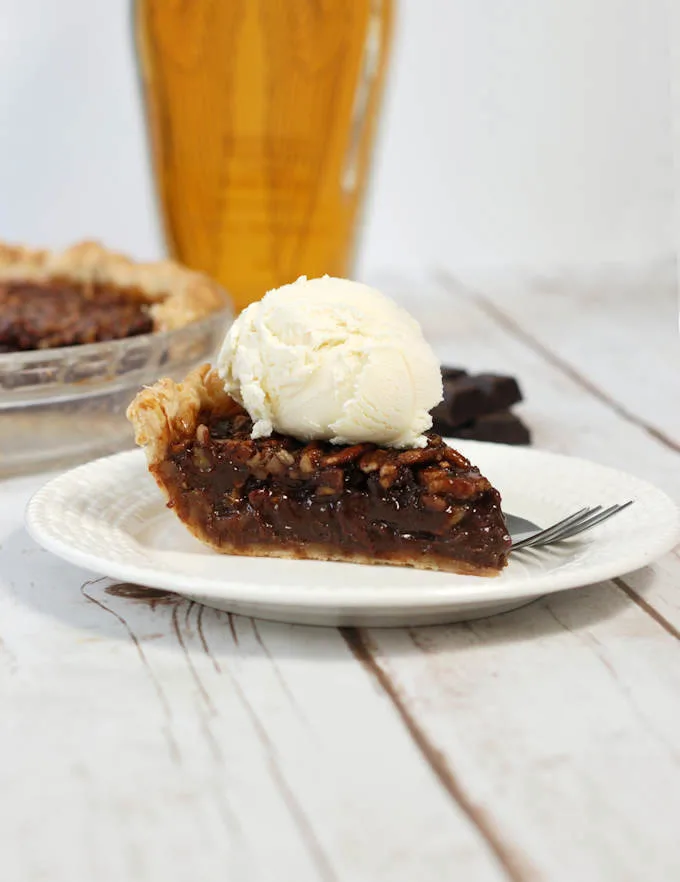 chocolate bourbon pecan pie with ice cream