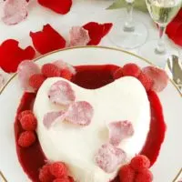Coeur a La Creme-raspberry rose sauce-candied rose petals