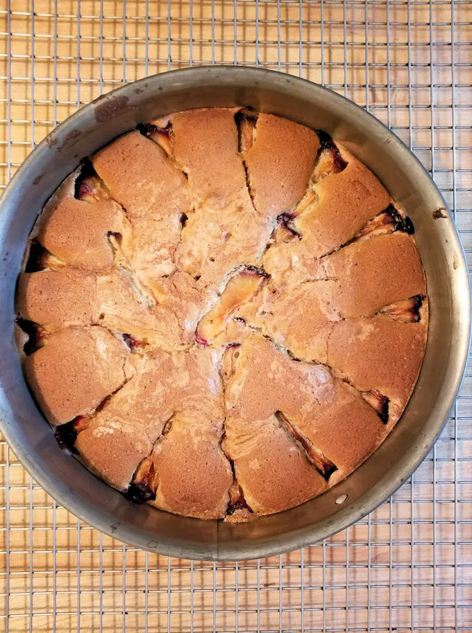 plum cake with cardamom cooling on a rack