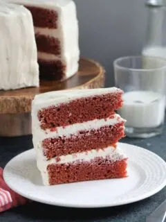 A slice of red velvet cake on a plate
