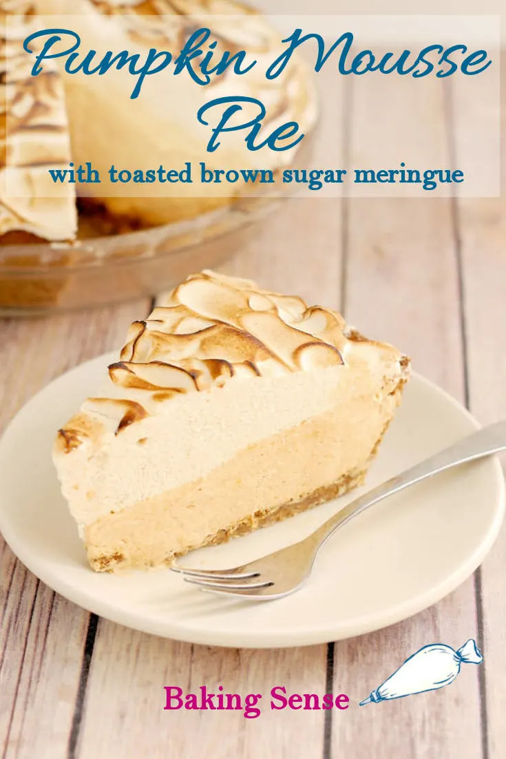 My Pumpkin Mousse Pie is made with a crunchy graham cracker-pecan crust filled with light and luscious pumpkin mousse. You can add optional bourbon for a kick or use water for alcohol-free version. The pie is topped with a mountain of luscious toasted brown sugar meringue. #bakingsense #pie #easy #pumpkin #mousse #best #light #airy #bourbon #boozy pecans #brownsugar #meringue #scratch