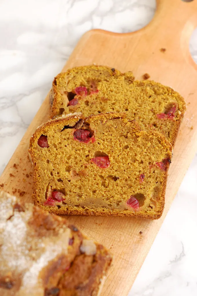 pumpkin cranberry quick bread made with sourdough discard