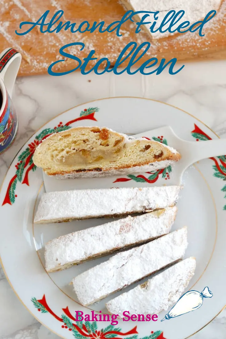 Almond Filled Stollen is a traditional German/Austrian bread rich with butter, almond paste, candied fruit and a hint of rum. #classic #traditional #christmas #marzipan #german #austrian #best #moist