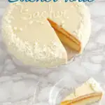 a pinterest image for white chocolate sacher torte with text overlay