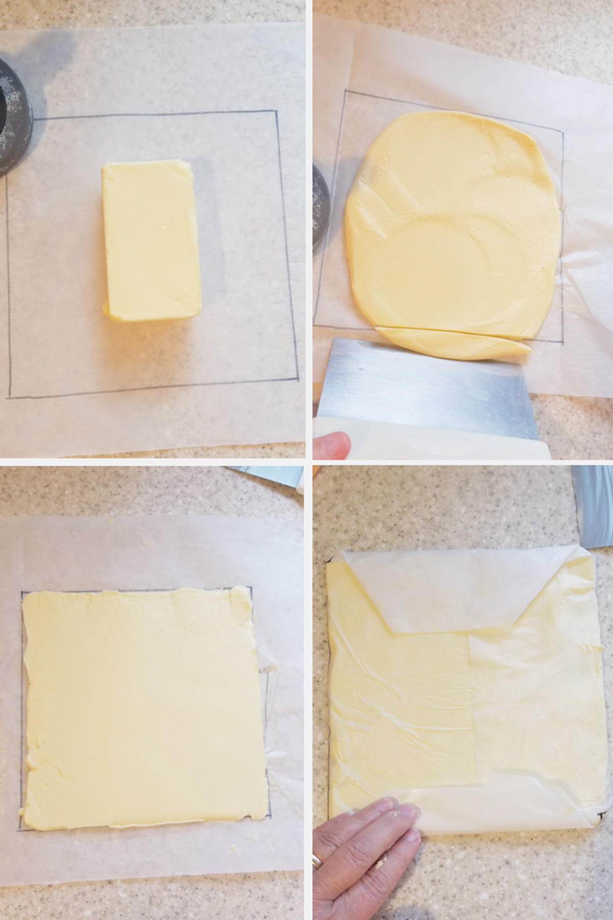 flour photos showing butter made in 8" square on parchment paper. 