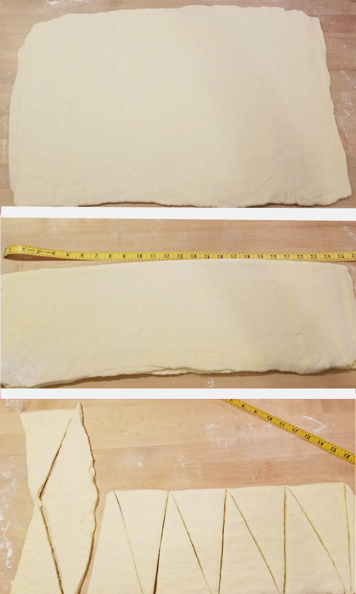 dough rolled and cut for croissants.