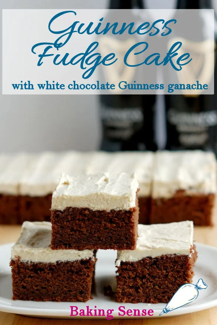 Guinness Chocolate Fudge Cake is a rich & chocolate-y cake with an entire cup of Guinness in the batter. The cake is topped with a whipped white chocolate Guinness Ganache frosting. #guinness #irish #stout #stpatricks #easy #recipe #moist #fudgy