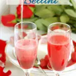 a pinterest image for raspberry bellini with text overlay