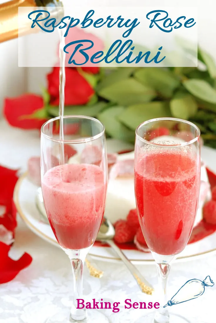 This Raspberry Rose Bellini is the perfect start for a romantic evening. Made with prosecco and homemade raspberry rose sauce. #valentines #romantic #easy #cocktail #bubbly